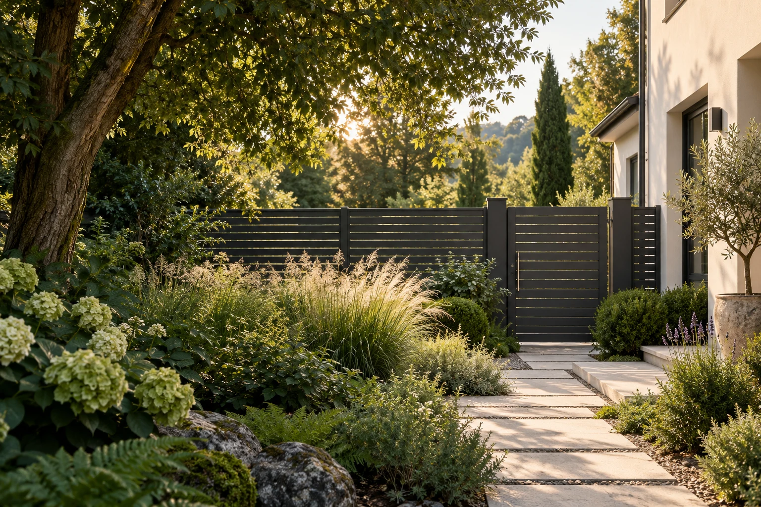 Garteninspiration mit anthrazitfarbenem Zaun und Gräsern