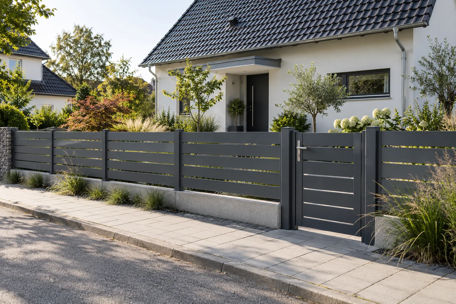 Aluminiumzaun mit waagerechten Lamellen vor einem modernen Einfamilienhaus