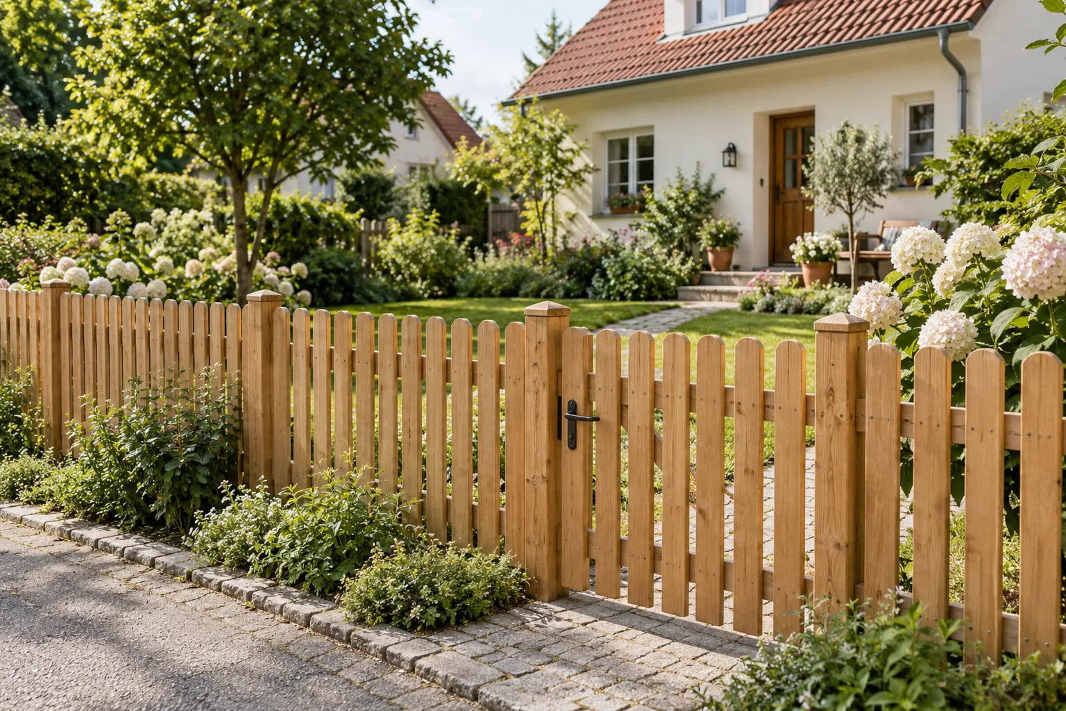 Holzzaun mit Gartentor an einem blühenden Familiengarten